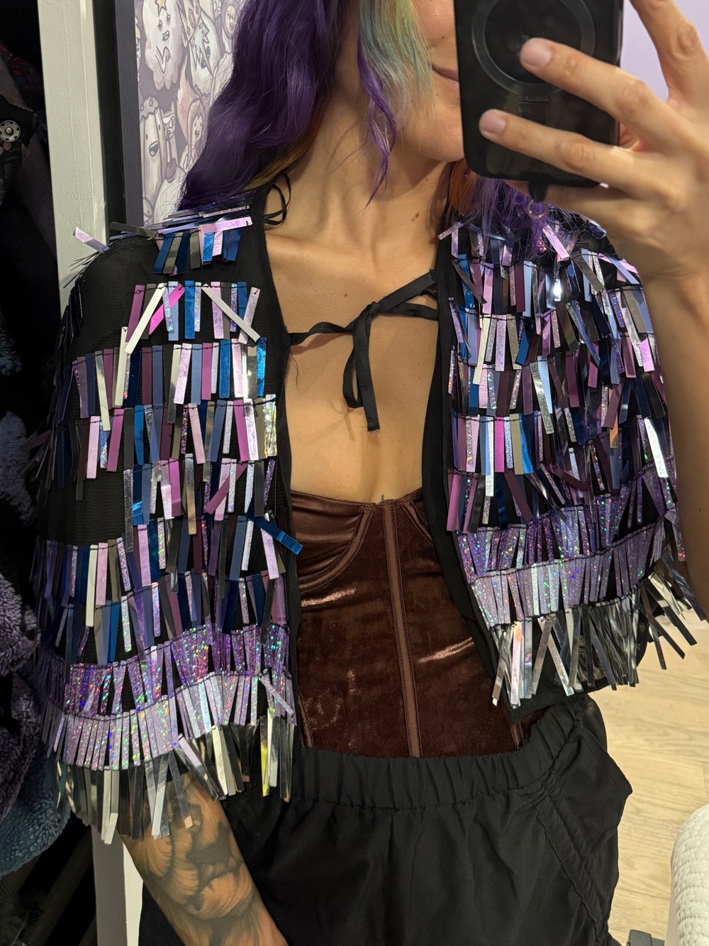 Iridescent Sequin Fringe Bolero Jacket - Black with Holographic Strips